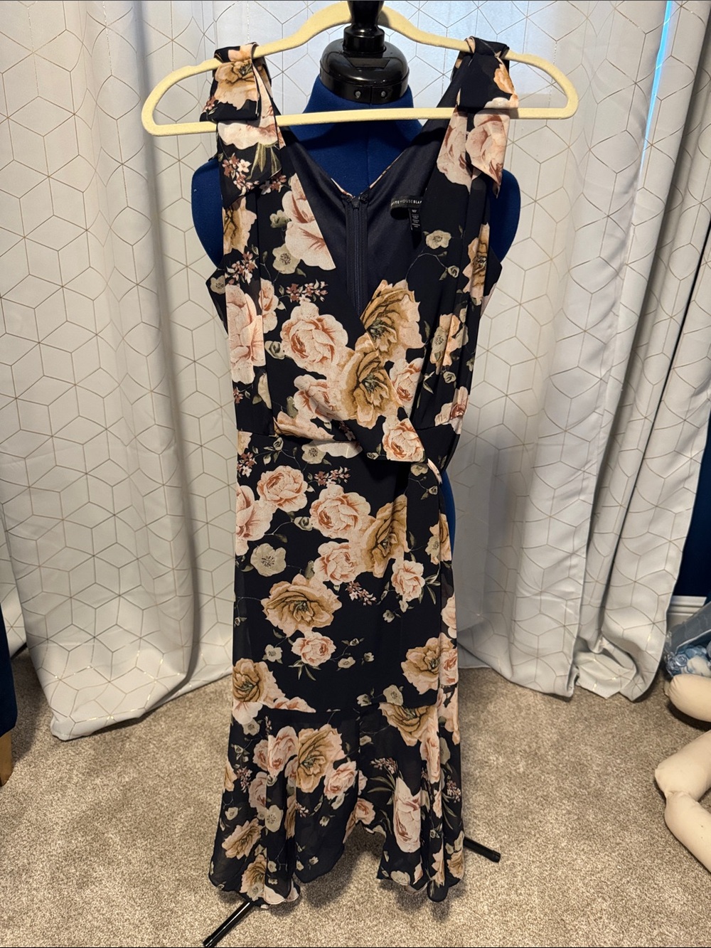 White House Black Market Floral Midi Dress with Pink and Cream Roses